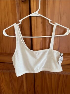 Asymmetric White Ribbed Bandeau Bralette
